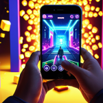 A person intensely focused on their mobile phone, playing a game with vibrant graphics and rewarding pop-up animations. Dopamine effects are visually represented with glowing particles.  Loot boxes are displayed, tempting the player. Background should show a blurred, neglected real-world environment.