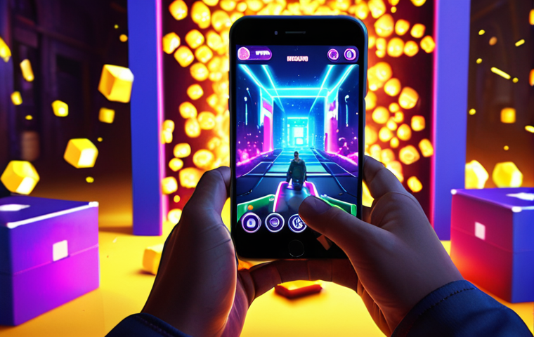 A person intensely focused on their mobile phone, playing a game with vibrant graphics and rewarding pop-up animations. Dopamine effects are visually represented with glowing particles.  Loot boxes are displayed, tempting the player. Background should show a blurred, neglected real-world environment.