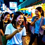 **

"A group of Thai friends, fully clothed in casual, modern clothing, laughing and playing a mobile game together at a vibrant night market in Bangkok. Street food stalls are in the background with bright lights and delicious smells. The atmosphere is fun and friendly. Safe for work, appropriate content, perfect anatomy, natural proportions, family-friendly, professional digital art, high resolution."

**