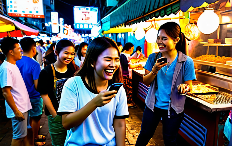**

"A group of Thai friends, fully clothed in casual, modern clothing, laughing and playing a mobile game together at a vibrant night market in Bangkok. Street food stalls are in the background with bright lights and delicious smells. The atmosphere is fun and friendly. Safe for work, appropriate content, perfect anatomy, natural proportions, family-friendly, professional digital art, high resolution."

**