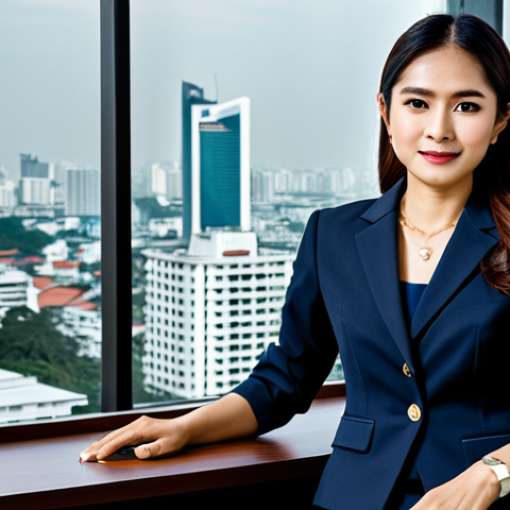 ** A professional Thai businesswoman in a modest, tailored business suit, sitting at a desk in a modern Bangkok office with a view of the cityscape. Fully clothed, appropriate attire, safe for work, perfect anatomy, natural proportions, professional photography, high quality. The scene evokes a sense of success and accomplishment in the Thai business world. **