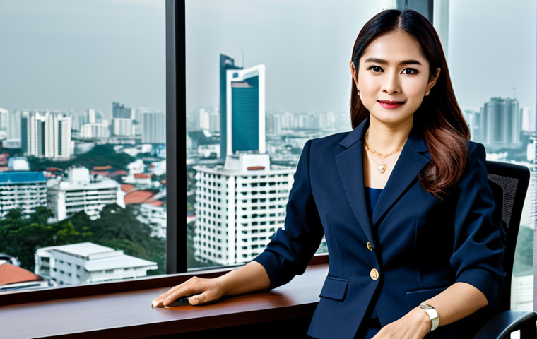 ** A professional Thai businesswoman in a modest, tailored business suit, sitting at a desk in a modern Bangkok office with a view of the cityscape. Fully clothed, appropriate attire, safe for work, perfect anatomy, natural proportions, professional photography, high quality. The scene evokes a sense of success and accomplishment in the Thai business world. **