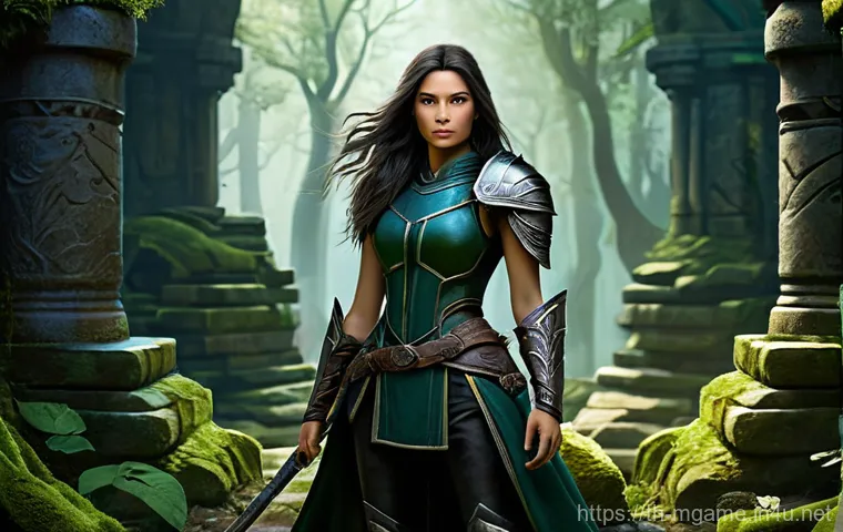 모바일게임 레이드 공략 - **Prompt 1: Epic Fantasy Adventurer** "A female adventurer, mid-20s, with a determined expressio...