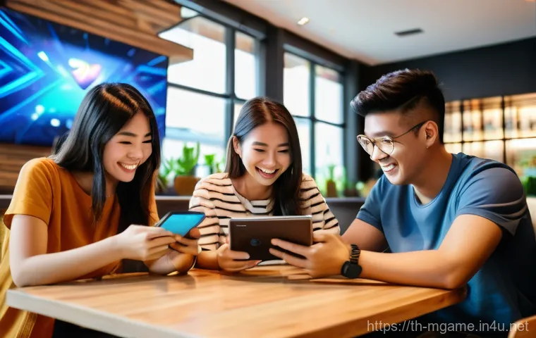 Unity 모바일게임 - Image Prompt 1: Seamless Cross-Platform Gaming & Intuitive UI/UX in a Thai Cafe Setting**