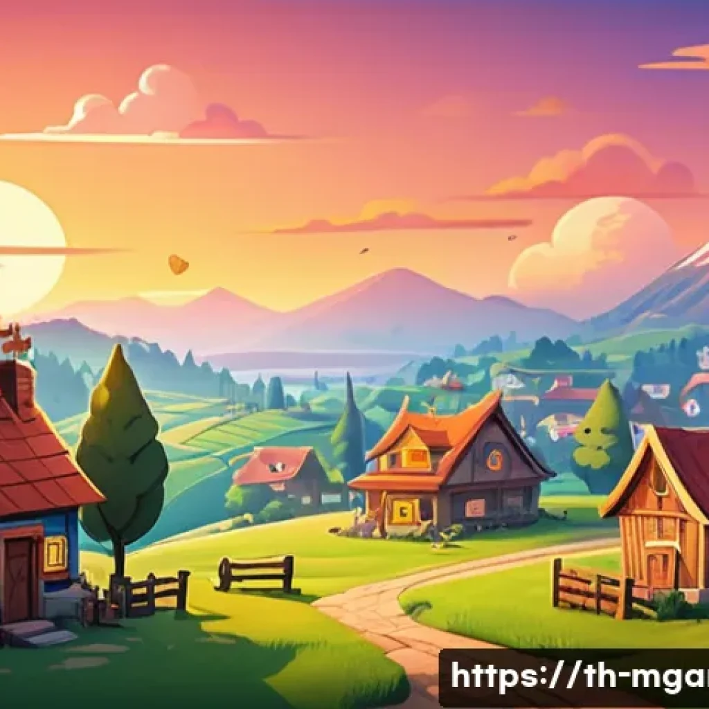 모바일게임 2D vs 3D - A charming 2D mobile game scene featuring a warm and friendly cartoon-style village at sunset. The i...