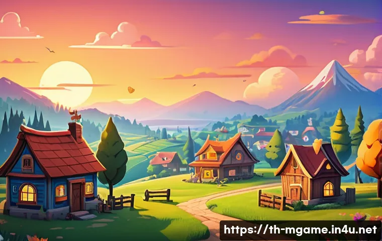 모바일게임 2D vs 3D - A charming 2D mobile game scene featuring a warm and friendly cartoon-style village at sunset. The i...