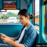 모바일게임 오프라인 모드 - A serene and colorful scene depicting a young Thai traveler sitting comfortably inside a local bus, ...