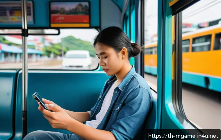 모바일게임 오프라인 모드 - A serene and colorful scene depicting a young Thai traveler sitting comfortably inside a local bus, ...
