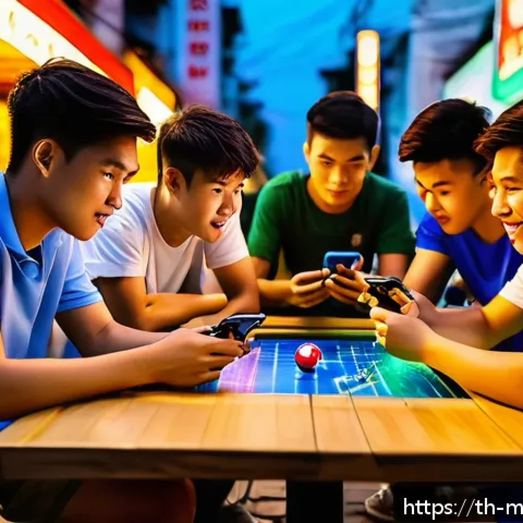 모바일게임 플레이 타임 비교 - A lively scene of a group of young Thai teenagers playing a popular MOBA mobile game like RoV or Mob...