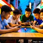 모바일게임 플레이 타임 비교 - A lively scene of a group of young Thai teenagers playing a popular MOBA mobile game like RoV or Mob...