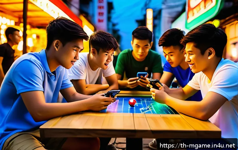 모바일게임 플레이 타임 비교 - A lively scene of a group of young Thai teenagers playing a popular MOBA mobile game like RoV or Mob...