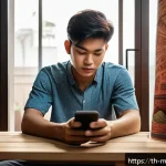 모바일게임 데이터 절약법 - A cozy home gaming setup in a modern Thai apartment, featuring a young adult playing a mobile game o...
