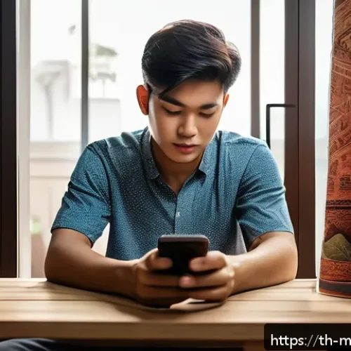 모바일게임 데이터 절약법 - A cozy home gaming setup in a modern Thai apartment, featuring a young adult playing a mobile game o...