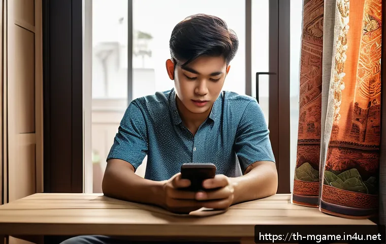 모바일게임 데이터 절약법 - A cozy home gaming setup in a modern Thai apartment, featuring a young adult playing a mobile game o...