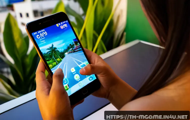 모바일게임 정식 출시 - Photorealistic close-up of a Thai young adult holding a modern smartphone in both hands, actively pl...